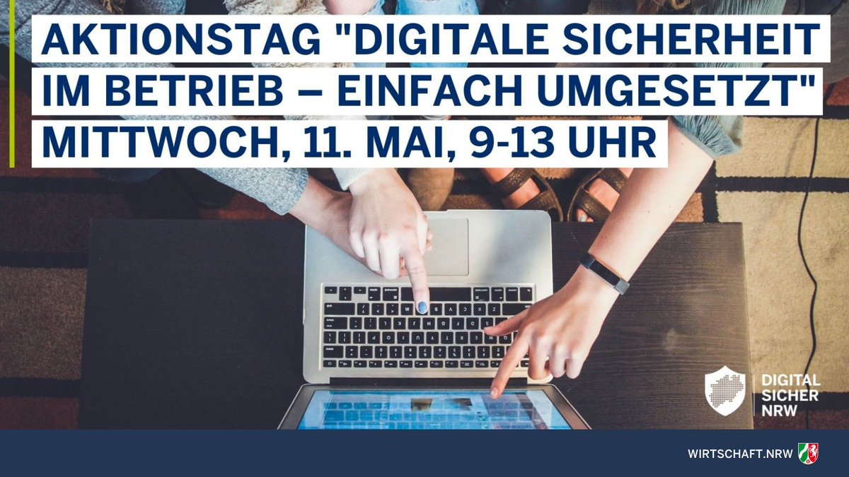 Kleine &amp; mittlere Unternehmen können sich schon mit einfachen Mitteln vor digitalen Bedrohungen schützen. 🛡️Wie genau, erklären die ExpertInnen von <a href="/DigitalSicher/">DIGITAL.SICHER.NRW</a>. Das #NRW-Kompetenzzentrum lädt am 11. Mai von 9-13 Uhr zum Aktionstag ein. Infos👉digital-sicher.nrw/veranstaltunge…