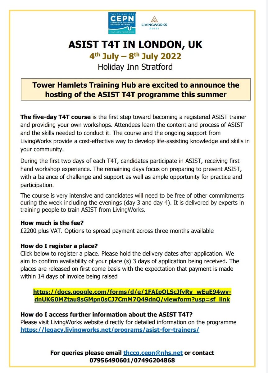 THCEPN's tweet image. ASIST T4T in London this summer! Limited number of places, register now! 

Register here: bit.ly/3OIdHkB

Course info: legacy.livingworks.net/programs/asist…