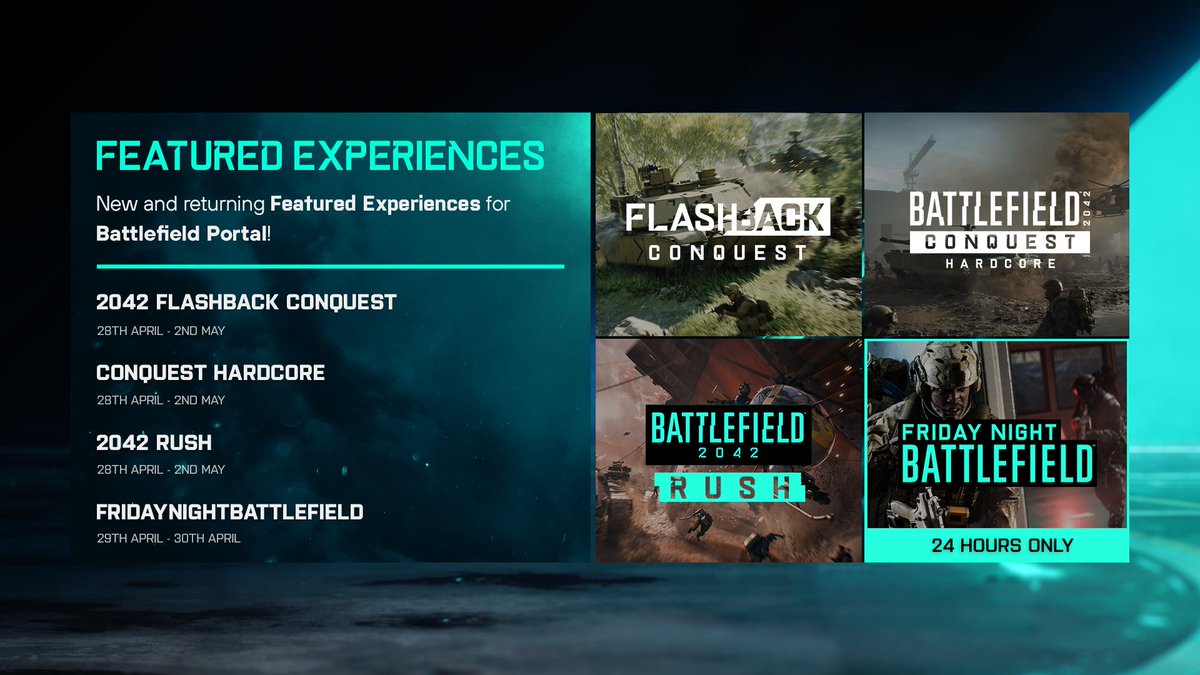 Battlefield 2042 Featured Experiences: Flashback Conquest, Battlefield 2042 Conquest Hardcore, Battlefield 2042 Rush and Friday Night Battlefield.