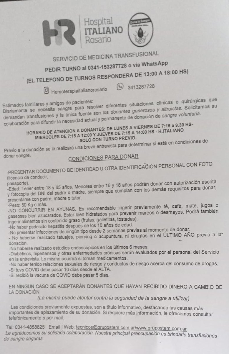 Para quienes estén en Rosario, necesitamos dadores de sangre A- y 0- (preferentemente pero no únicamente). Es para mi papá, Jorge Perochena. Aquí está el número para sacar turno y los requisitos. Gracias 👐🏻