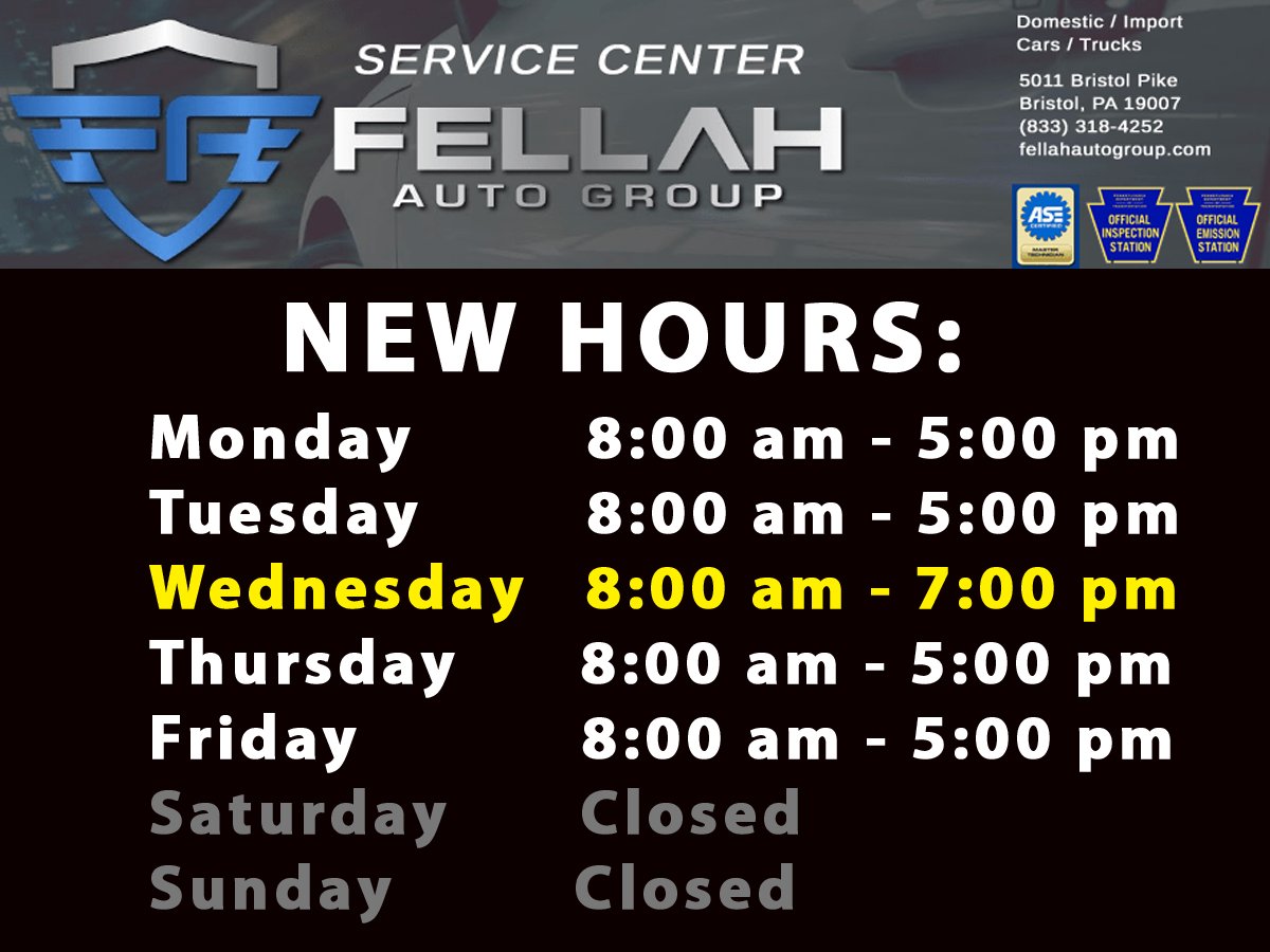 FellahAuto's tweet photo. NEW SERVICE DEPT HOURS

In order to serve you better, we have extended our WEDNESDAY hours to 7PM!

Monday8:00 am - 5:00 pm
Tuesday8:00 am - 5:00 pm
Wednesday8:00 am - 7:00 pm
Thursday8:00 am - 5:00 pm
Friday8:00 am - 5:00 pm
SaturdayClosed
SundayClosed https://t.co/W909fBbjcA
