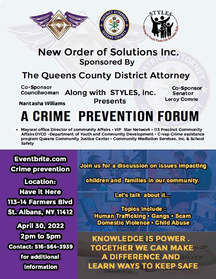 LeroyComrie's tweet photo. #CrimePrevention Forum, Sat. 4/30, 2pm to 5pm at 113-14 Farmers Blvd, #StAlbans NY 11412 - thanks in advance to all partnering to make this forum happen including #NewOrderSolutions @QueensDAKatz @CMNantashaW #STYLESInc #CommunityEngagement to lift up #PublicSafety #StopScams https://t.co/lSh7oVx5Gv