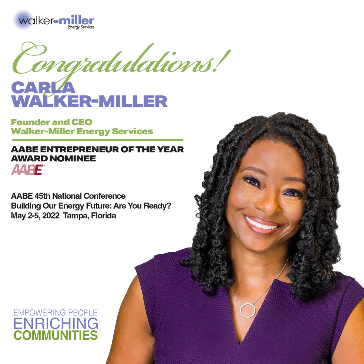EnergyBillSave's tweet photo. Congratulations, @cwalkermiller, on your nomination for the @_AABE Entrepreneur of the Year Award! We're looking forward to the upcoming 45th National Conference. Visit https://t.co/vLyAa3FszO for details. #WeAreWalkerMiller #CleanEnergyExperts #BlackPeopleInEnergy #WomenInEnergy https://t.co/H69G50TLX2