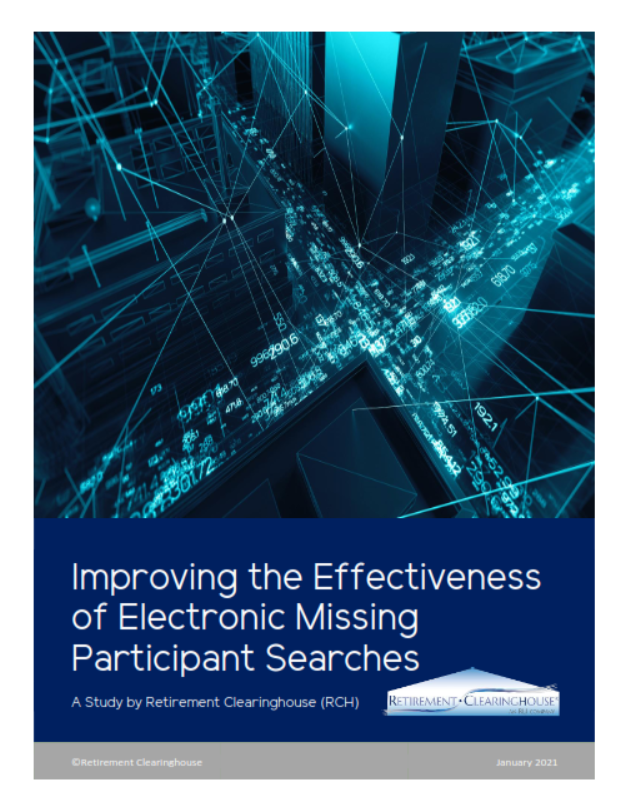 RCHConsolidate's tweet photo. Do you have #MissingParticipants in your #401k plan? Learn about the most effective means to conduct e-Searches for locating participants or their beneficiaries by downloading an RCH case study. https://t.co/8oEP0DtEwX #PSCA75 https://t.co/gQjcvmyk4h
