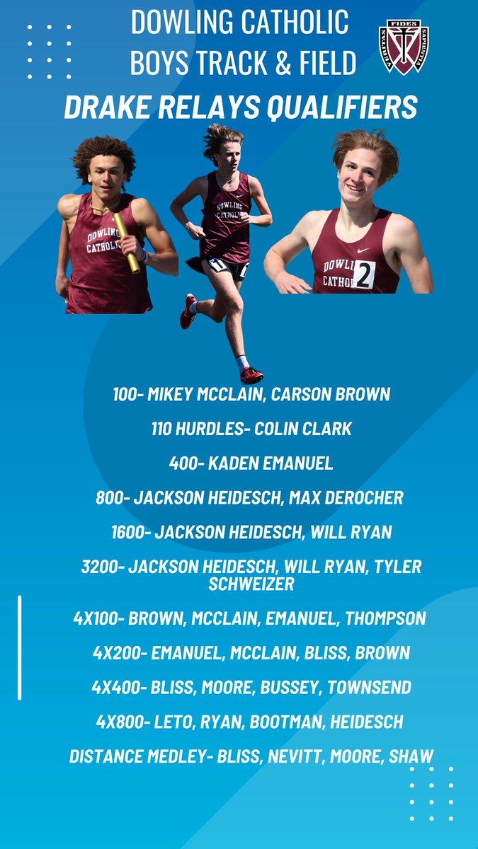 Drake Relays Day ☝️ Jackson Heidesch, Will Ryan, and Tyler Schweizer will be competing in the 3200 at 5:55pm! #PursuingExcellence