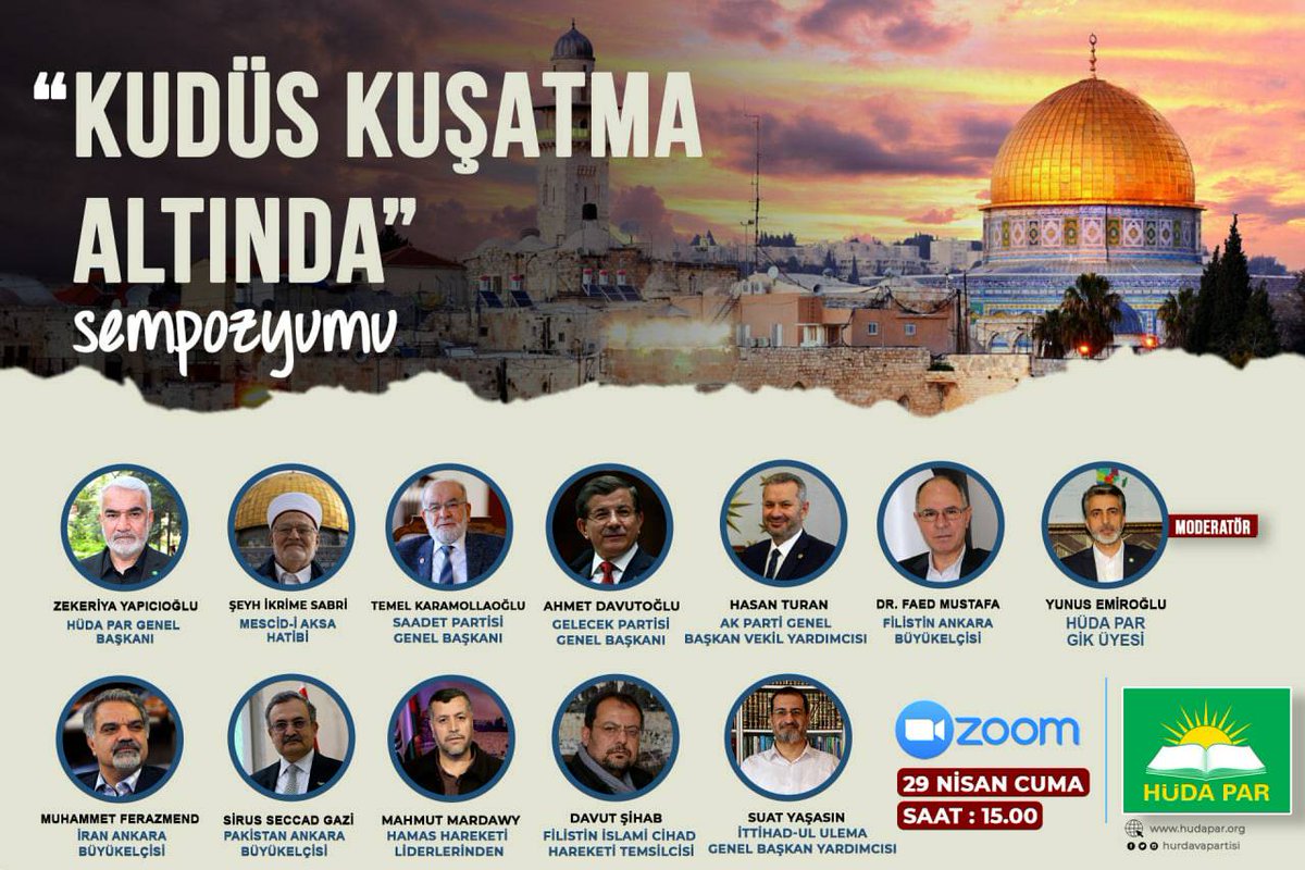 Yarın #KudüsGünü münasebetiyle düzenleyeceğimiz "Kudüs Kuşatma Altında" adlı sempozyumun konuşmacıları ile ilgili detaya internet sitemizden ulaşabilirsiniz.
hudapar.org/web/1602/genel…