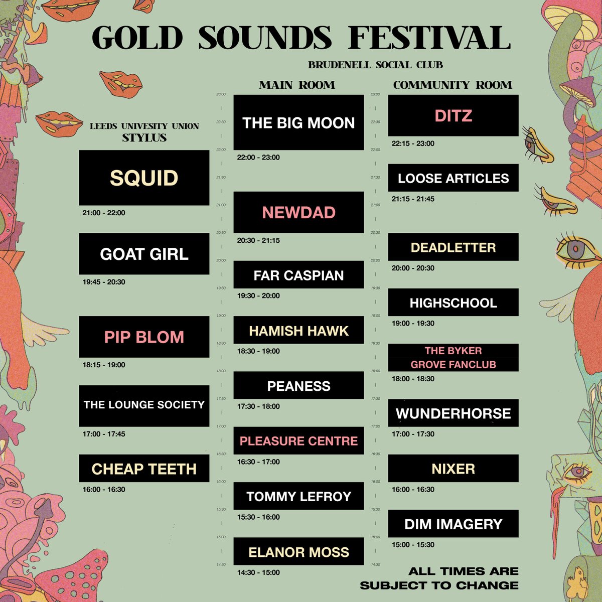 Information for all attendees at Gold Sounds Festival this Saturday 30th April in Leeds. Unfortunately T Truman will no longer be able to perform. Joining the bill will be @pleasurecentre_ playing at 4.30PM at the @Nath_Brudenell main room.