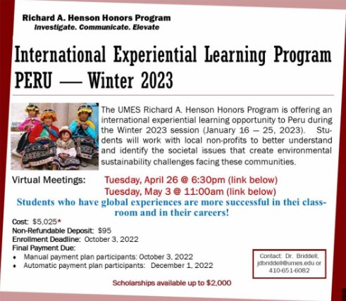 #UMES Interested in studying abroad? Find out how you do service learning in Peru! Join us on Tuesday, May 3rd at 11 am using the link below:

meet.google.com/wwb-hnau-dqc