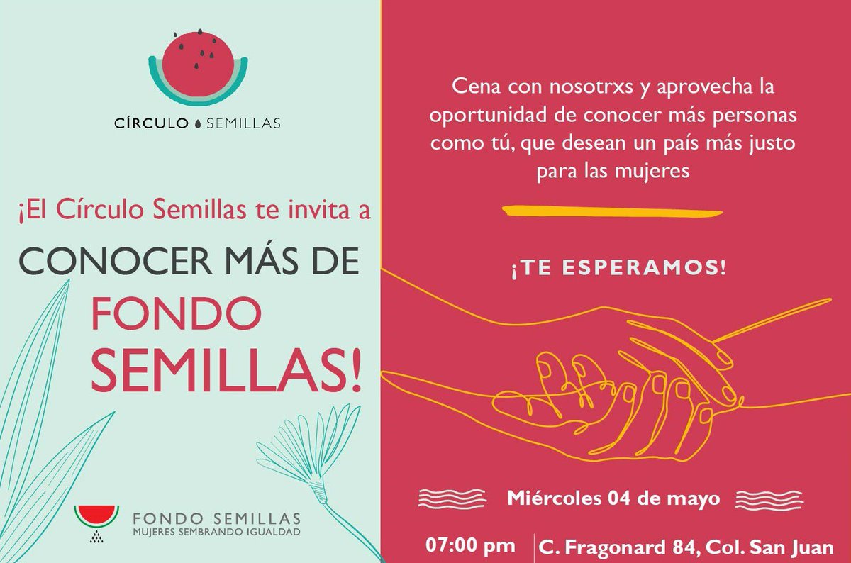 FondoSemillas's tweet photo. ¿Quieres conocer más del trabajo que hacemos y cómo puedes sumarte? 💜🍉
Te invitamos a cenar con nosotras este próximo miércoles 4 de mayo a las 7pm. 
Regístrate aquí 👇🏽
https://t.co/qnI8lGfCFO 
Cupo limitado. https://t.co/iJBPW8GasR