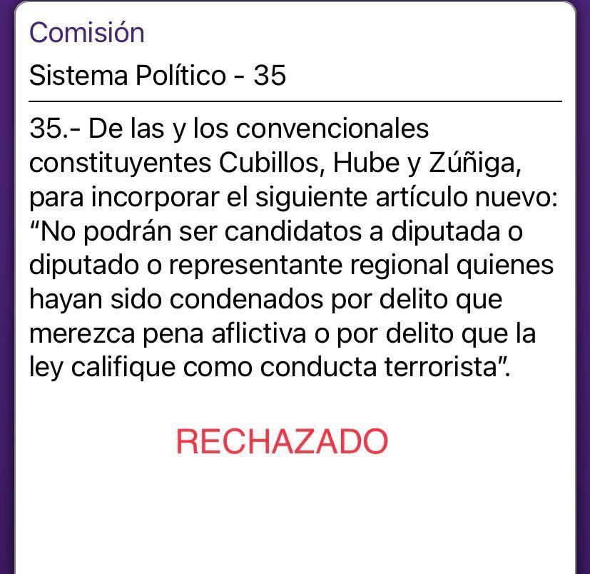 conihube's tweet photo. Rechazada nuestra indicación que buscaba que las personas que hayan cometido delitos terorristas no puedan ser candidatos a diputado o representantes regionales. ¿Qué opinan? Así avanza la Convención.
Imposible mejorar la confianza de las personas en este proceso… https://t.co/ANQLk1yKgu