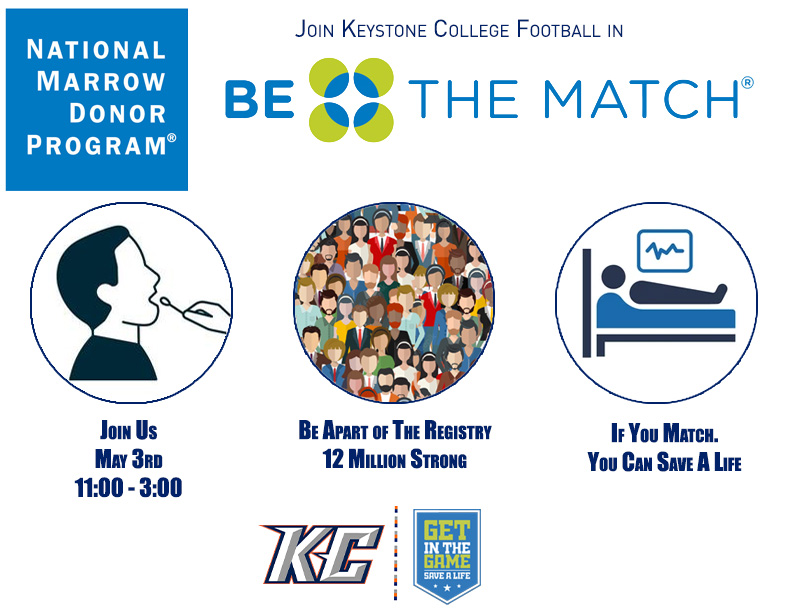 KeystoneFTBL's tweet photo. Come join Keystone College Football as we host @BeTheMatch on campus next Tuesday May 3rd (11:00-3:00) #BeTheMatch 

Save the Date - Save a Life https://t.co/6hSZqePSOa