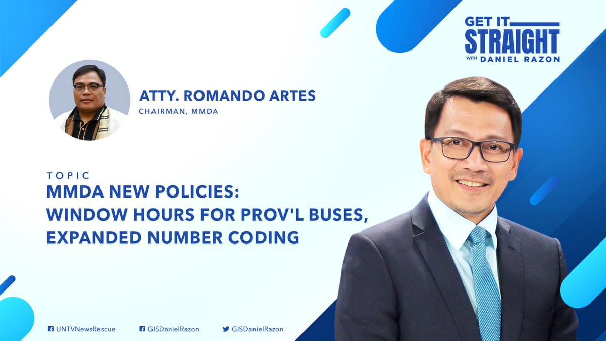 GISDanielRazon's tweet photo. Window hours sa provincial bus at expanded number coding, pag-uusapan sa Get it Straight with Kuya Daniel Razon, kasama si MMDA Chair. Romando Artes, sa April 29, 2022 (Friday), 8:30 a.m. via livestream sa Facebook at YouTube accounts ng UNTV at GIS. https://t.co/QLWgJoEZc4
