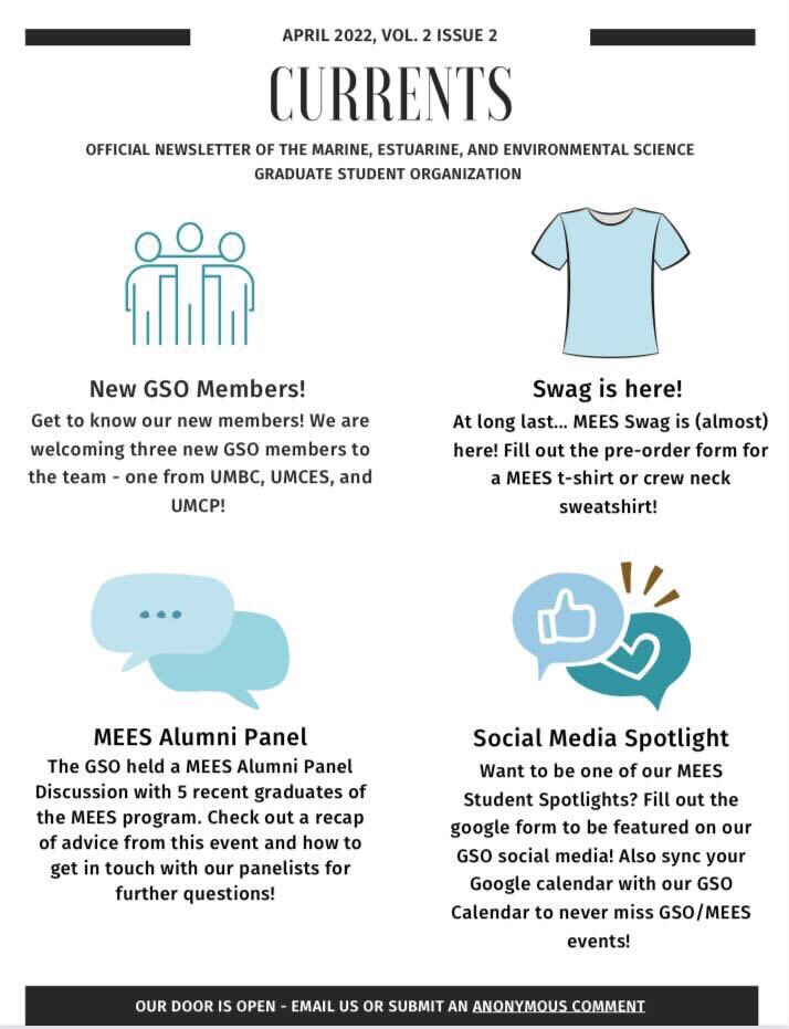 Our April Newsletter is out! Students, please check Slack or your email for the full newsletter. Included are intros on new GSO members, recap of MEES Alumni panel and student social media spotlights! We’re also taking preorders on MEES Swag! 😀