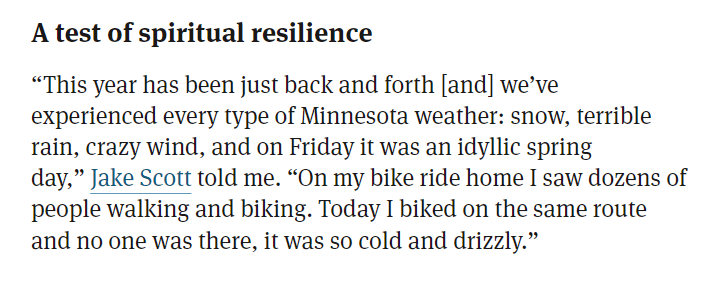A real Minnesota thing is reading an article about the spring weather and it's got the phrase 