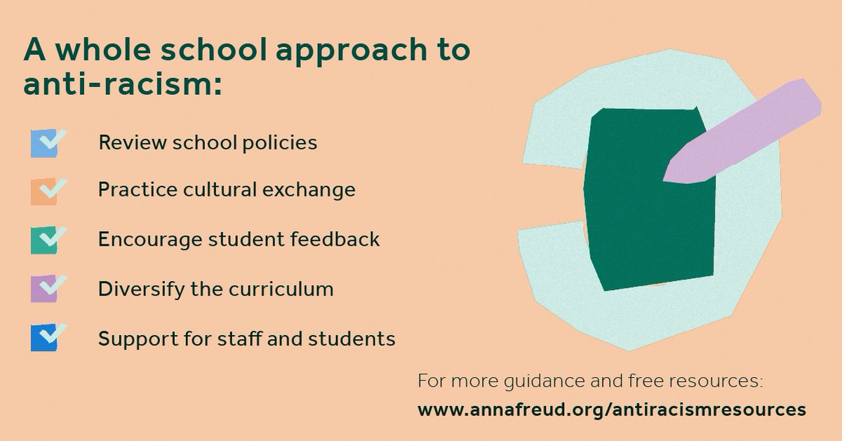 annafreuduk's tweet photo. Experiencing racism can have significant mental health consequences. We have created free resources to support school staff to build a whole school approach to anti-racism. Download now👉https://t.co/4K4BgNUBpr https://t.co/iLQC6vsVVa