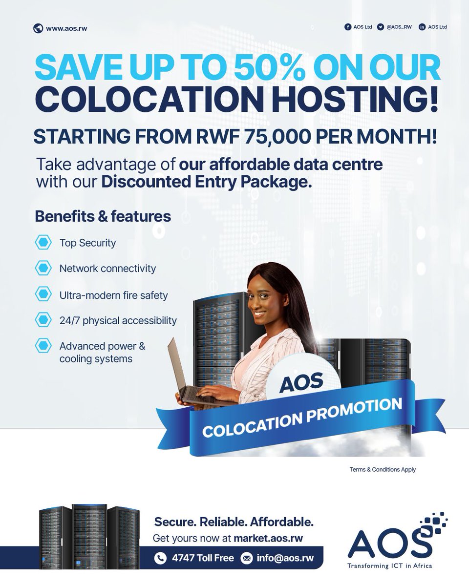 AOS_RW's tweet photo. Looking for a secure, reliable & affordable Datacenter? Subscribe to @AOS_RW and enjoy up to 50% discount on Colocation hosting with a wide range of benefits. For more details visit our online market portal https://t.co/tfj7Gue0Dj or email us at info@aos.rw #LocalHosting #RwOT https://t.co/QY7UqiaGMH