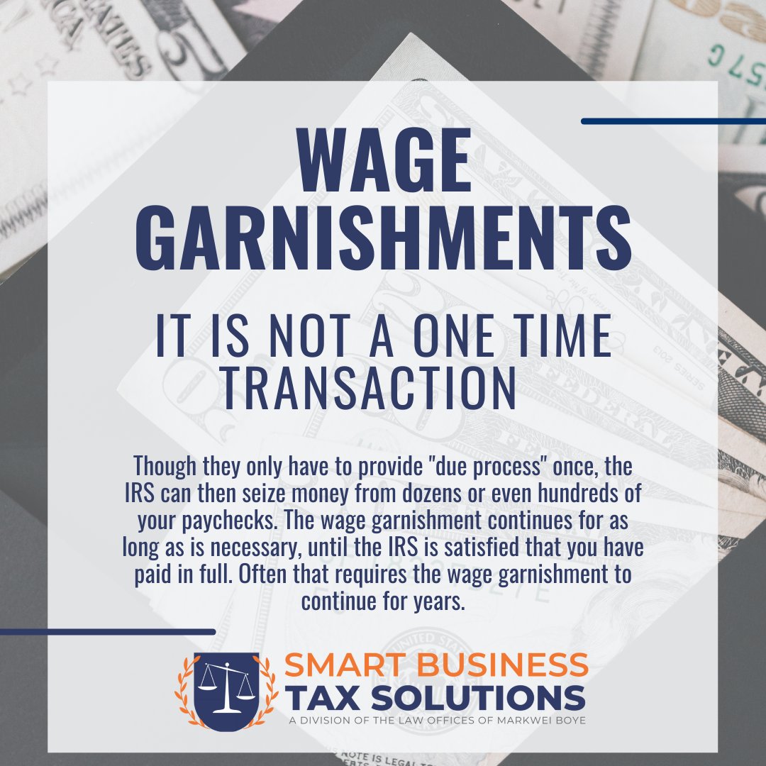 taxpros's tweet photo. Wage Garnishments are not a one time transaction. The IRS can seize money from every paycheck you earn until the debt is paid. Give us a call at 248-395-3388 or visit our website or to inquire about how we can help you.

#taxissues #finances #blackattorney #tax #personaltaxes https://t.co/MWRYE6IdSc