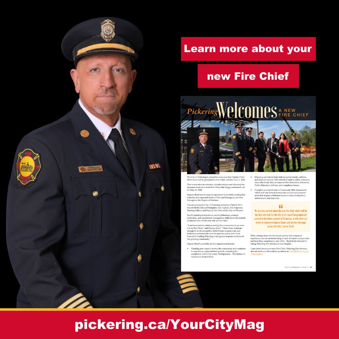 CityofPickering's tweet photo. Deputy Boyd will be promoted to Fire Chief, effective June 1🧑‍🚒 With a strong vision for the future, proven fire command experience &amp; an understanding of each division's unique roles - Boyd looks forward to taking #PickeringFire to new heights. Read more➡️https://t.co/Lym3Yh3CU6 https://t.co/Uim7bQQb7t