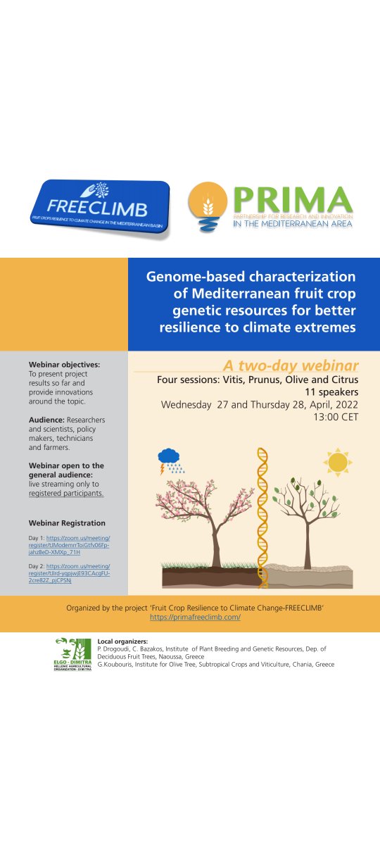 Freeclimb1's tweet photo. The second day of #webinar just ended! We 🙏the speakers for their valuable presentations!
The today speakers were: for #olive 🫒 A. Elbakkali, C. Bazakos and A. Bombarely, and for #citrus 🍋 M. Di Guardo and M. Talόn. Now let's think to the next one! Stay tuned! #freeclimproject https://t.co/N1nq83WOLJ