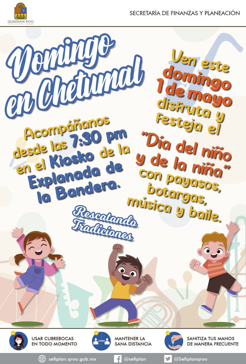 Sefiplanqroo's tweet photo. 🤡 No te pierdas este 01 de mayo #DomingoEnChetumal. Te esperamos a partir de las 7:30 de la noche para bailar y cantar con payasos y botargas continuando con los festejos del #DíaDelNiñoyLaNiña. 🍬🍭

Ven a divertirte con tu familia y sigue las medidas sanitarias. 😷 https://t.co/JQKpZX7sdk