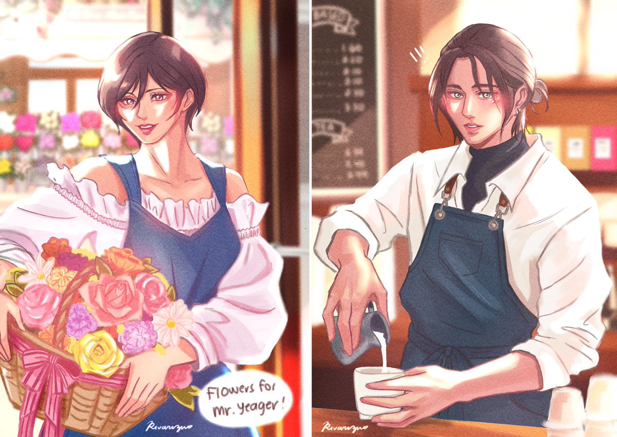 Tsuyoi Rizu 🗝️🎂💐🍉 (@rivarizu) on Twitter photo Florist Mikasa 💐 x Barista Eren ☕️
<a href="/eremikaweek/">Eremika Week</a> Day 7, Alternate Universe
#eremika #エレミか #AttackonTitan #進撃の巨人 Florist Mikasa 💐 x Barista Eren ☕️
<a href="/eremikaweek/">Eremika Week</a> Day 7, Alternate Universe
#eremika #エレミか #AttackonTitan #進撃の巨人
