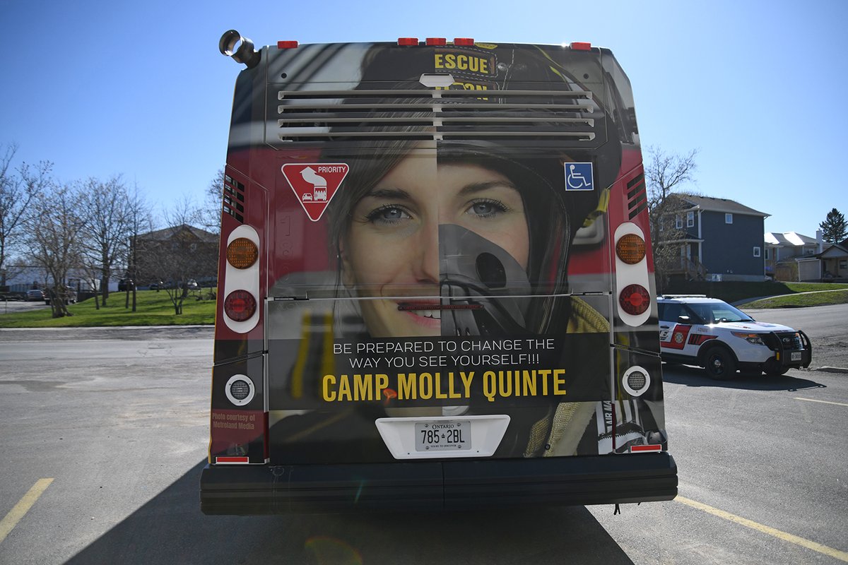 BellevilleON's tweet photo. Camp Molly | Mayor Panciuk was pleased to join Belleville Fire and Transit staff for the official unveiling of the new Camp Molly bus wrap at Fire Station #1 this morning. 1/2 ⤵️ https://t.co/Og0nTVX4Yu