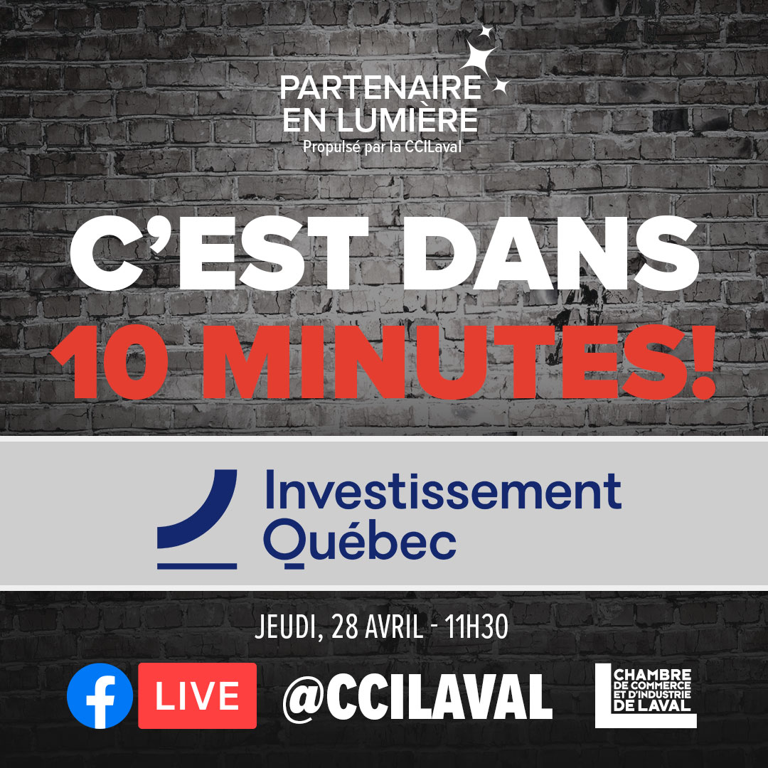 🚨 Joignez-vous à nous dans 10 minutes pour une entrevue avec <a href="/InvestQuebec/">InvestissementQuébec</a> , en direct de notre page Facebook 👉 facebook.com/CCILaval
----
#partenaireEnLumiere
#soutien
#entreprises