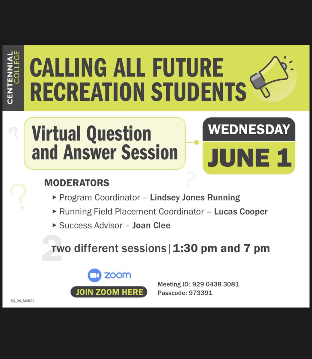 Are you interested in taking <a href="/CentennialEDU/">Centennial College</a>’s #recreation and #leisure program? Do you have questions?? DM us to register for our upcoming #QuestionAndAnswer session on June 1. <a href="/CentennialSCHS/">Faculty of Integrated Health & Community Care</a> <a href="/CentennialCOLTS/">CentennialCOLTS</a>