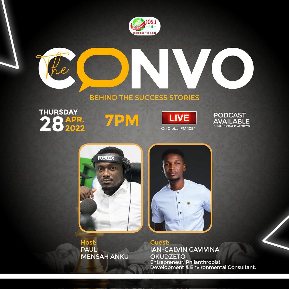 My guest tonight on #TheCONVO is a young entrepreneur &amp; philanthropist <a href="/Ian_Okus/">Ian-Calvin Gavivina Okudzeto</a> 
When my team and I tralleved to Adidome,i was impressed by the connection between him and the good people of Adidome.
We had a brief chat during the annual community Gala tune into <a href="/global1051fm/">Exceeding The Limit📻</a>