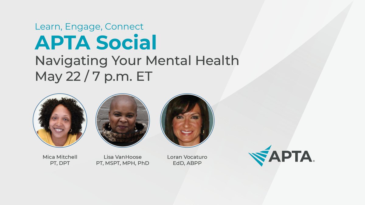 APTAStudents's tweet image. Mark your calendars!

Join us for our next APTA Social where we'll talk about navigating your mental health while you’re a student and throughout your career. We’ll cover topics like burnout, stress, mindfulness, and more. RSVP to attend here: bit.ly/38u8wUT