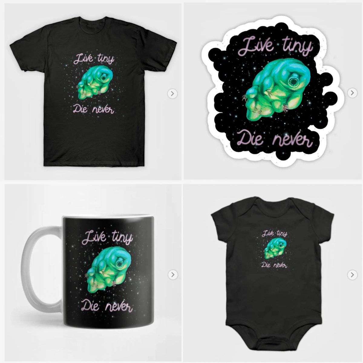 I made this design with a subject from one of my popular paintings. I’ve never advertised that my designs can be printed on baby clothes, but considering the subject, I think that’s perfect in this case. Lol Get your tardigrade swag here: teepublic.com/user/starwilli…