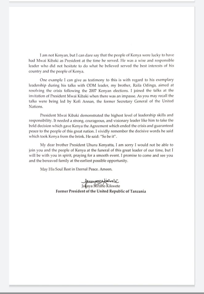 🔹Former Tanzania President Jakaya Mrisho Kikwete Morns the Death of Former President Of Kenya Mwai Kibaki