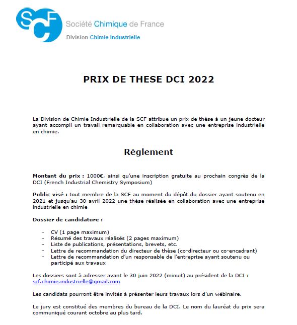 🏆 PRIX DE THESE DCI : les conditions d'attribution ont été revues :
TOUS les doctorants ayant soutenu leur thèse en 2021 et jusqu'au 30 AVRIL 2022 peuvent postuler. 
👉Report de la deadline de soumission des dossiers : 📅30 juin 2022 ; 💵: 1000€ ; Voir 👇