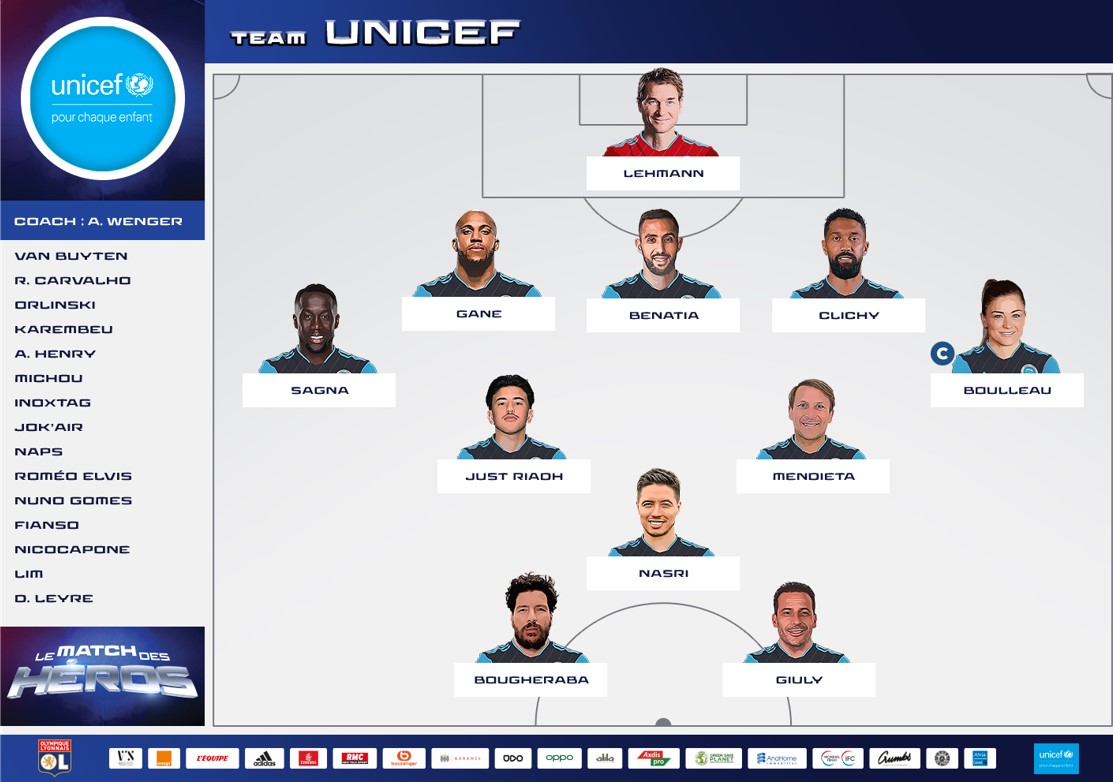 J-12 !!! ⏰ 
Le #MatchDesHéros au profit des enfants d'#Ukraine, c'est le 10 mai au <a href="/GroupamaStadium/">Groupama Stadium</a> à Lyon !
Découvrez la compo de la #TeamUNICEF qui jouera face aux Légendes de l'<a href="/OL/">Olympique Lyonnais</a> au <a href="/GroupamaStadium/">Groupama Stadium</a>
Billetterie 👉 bit.ly/3JzPour
#PourChaqueEnfant