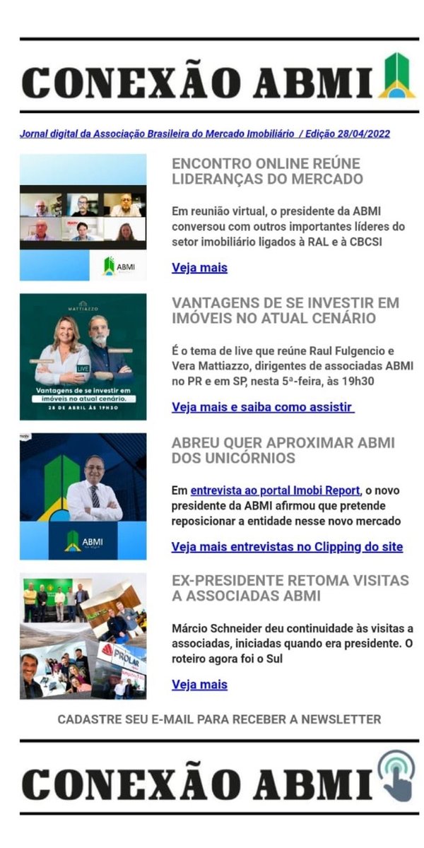 _ABMI's tweet photo. CONEXÃO ABMI – Edição 28/4/22
Jornal digital da Associação Brasileira do Mercado Imobiliário destaca, entre outros assuntos, a intenção do novo presidente de aproximar a ABMI dos unicórnios. Confira e inscreva-se para receber a newsletter https://t.co/OXVbRvnoSY https://t.co/SOAGrQlYvl