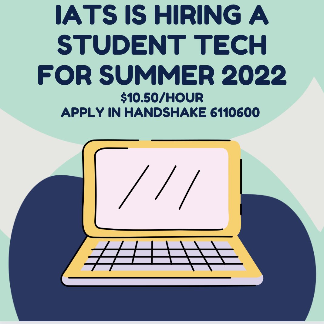 IATS is hiring a Student Tech for Summer 2022.  $10.50/hr Monday thru Friday! Apply in Handshake for this great opportunity.  Search job number #6110600.  Need assistance? Email studentemployment@sru.edu