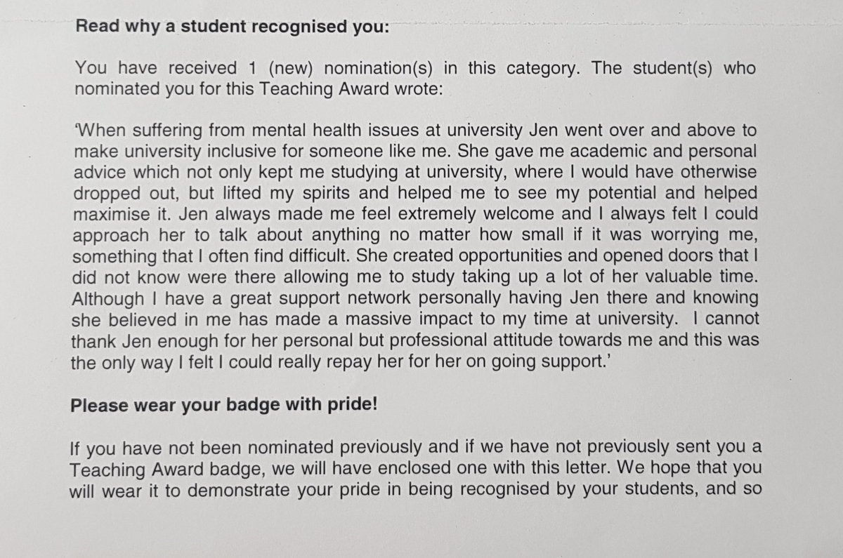 JenKirkwood16's tweet photo. Thank you, to the anonymous student who provided this feedback and nominated me for a EUSA Teaching Award. The words were prize enough and the pin badge was a bonus. #eusa #pandemicthrowback #2000andsomething #studentsupport #UniversityofEdinburgh https://t.co/gzCyp2TNGf
