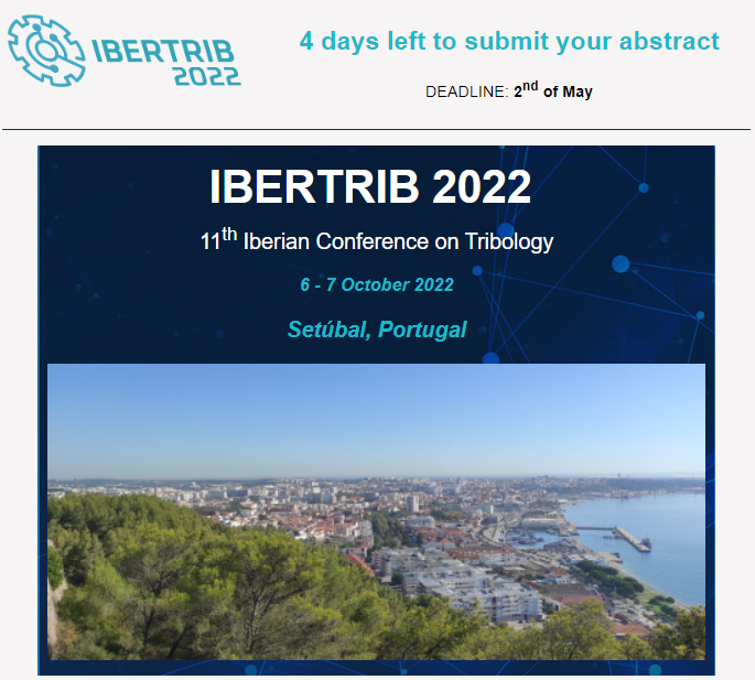 biomatlab's tweet photo. There is still time to submit your work to the IBERTRIB 2022 (11th Iberian Conference on Tribology).

https://t.co/NzCCVnfwQr

Join us in Setúbal Bay, a unique region in the world located between Sado River and the Atlantic Ocean, full of wildlife. https://t.co/xbKKd1LXld