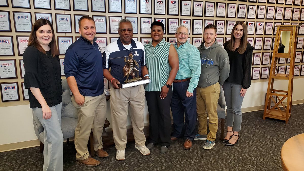 CoachIDixon's tweet photo. @DrSmithAD and @MBUAthletics honor Ken Messer-Brooks as he prepares to retire w/the presentation of the Spartacus statue."Ken has been one of the best caring coaches I have had the privilege of serving alongside. He will be greatly missed" ~Tom Smith. We thank you Ken for 15 yrs. https://t.co/ehViSSEt80