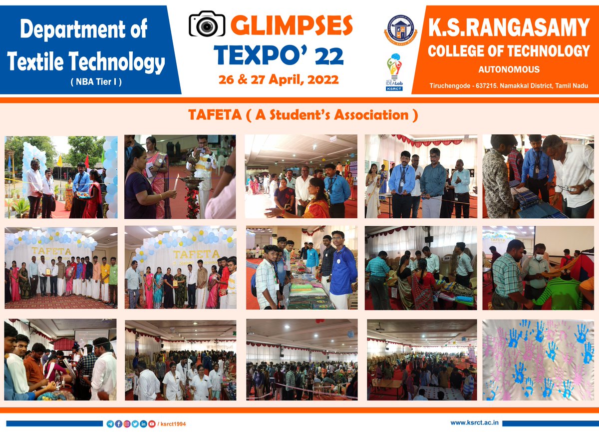 Photo Glimpses - TEXPO’22

TAFETA Students Association, The Department of Textile Technology, K.S.Rangasamy College of Technology has organized two days exhibition (TEXPO’22) on 26 &amp; 27 April 2022.

#textileksrct
#TAFETA
#TEXPO
#textiletech