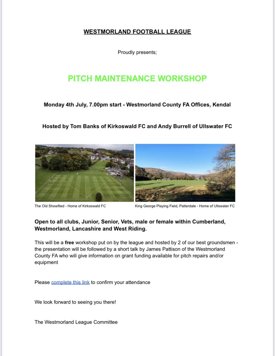 PITCH MAINTENANCE WORKSHOP;

We are thrilled to be able to offer a FREE pitch care workshop, hosted by the fantastic duo of <a href="/tombanks19/">Tom Banks</a> &amp; <a href="/Andy27434479/">buzz</a> of <a href="/KirkoswaldFC/">Kirkoswald FC</a> &amp; <a href="/UllswaterUtd/">Ullswater United</a> 

Details on the poster below and information on how to book a place on the tweet below. 👇👇👇
