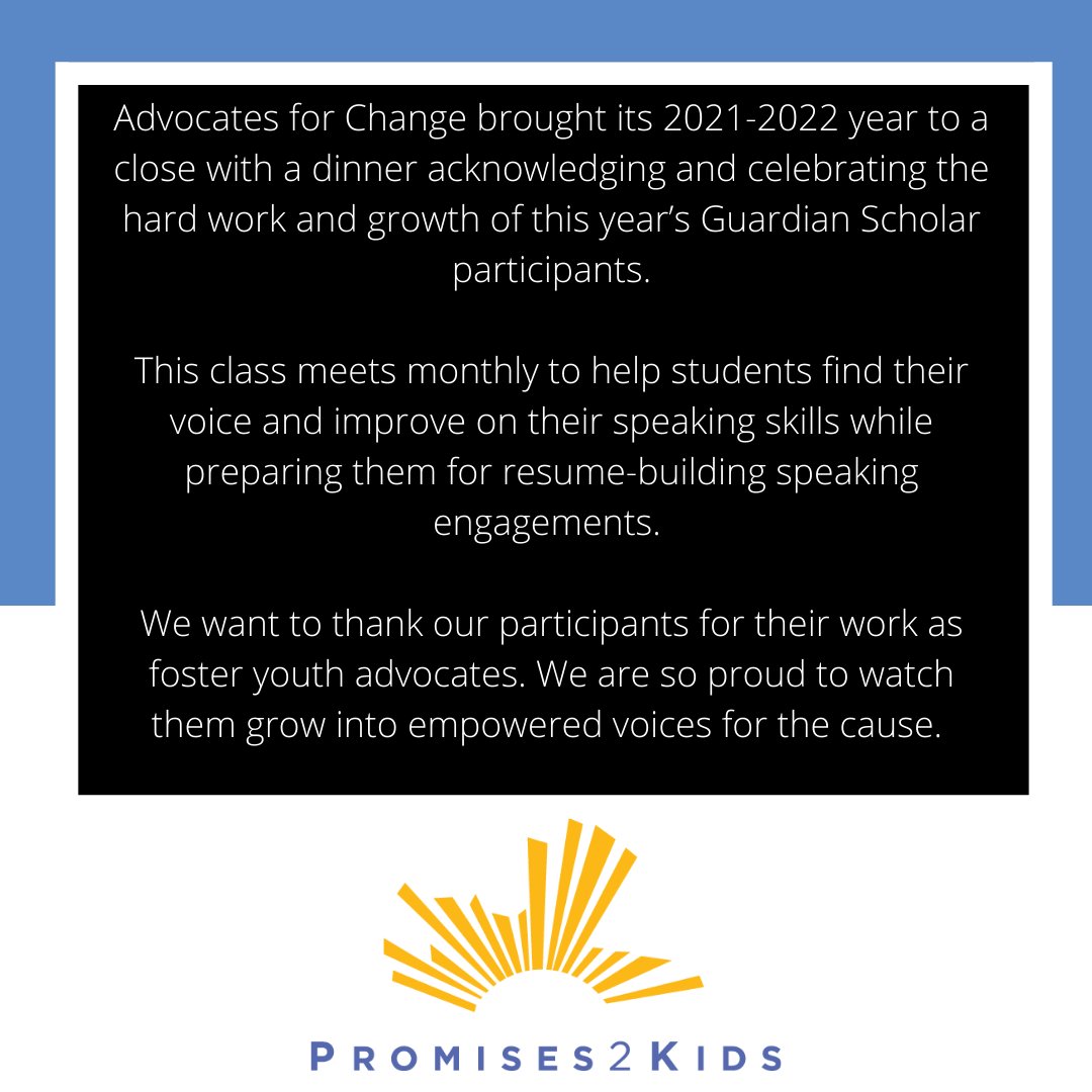 Advocates for Change brought its 2021-2022 year to a close! Read more in the photos. 

#GuardianScholars #BrighterFutures #AdvocatesforChange #SpeakersBureau #FosterYouth #SanDiego #Students