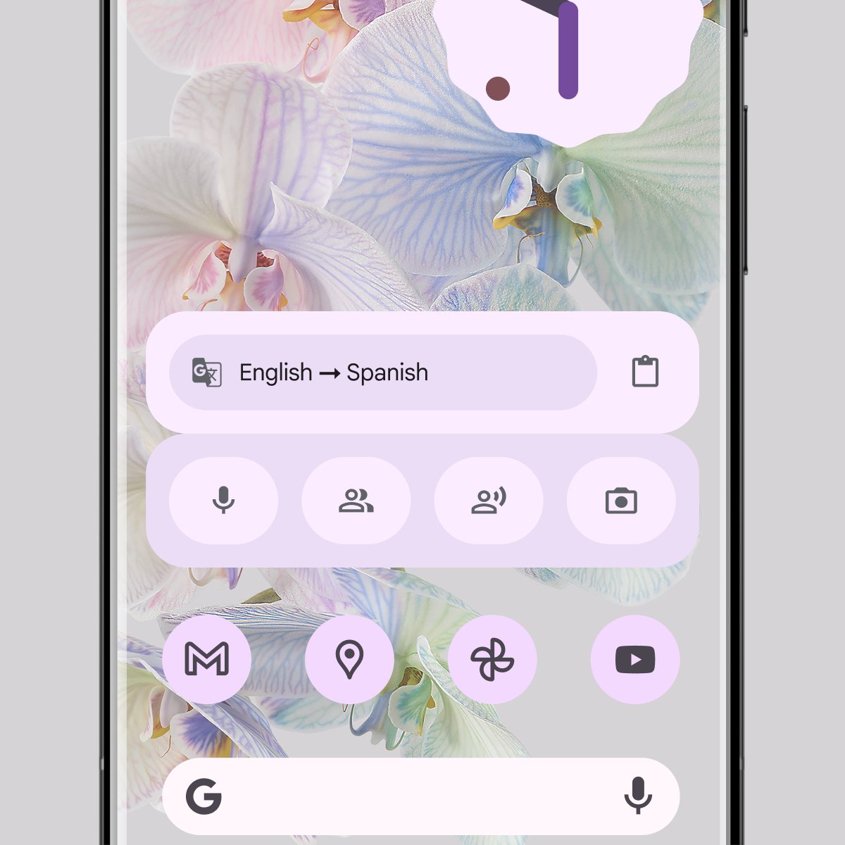 A close up of a smartphone with a widget on the screen that shows a search bar that reads "English [arrow] Spanish." There are different buttons to tap on the screen. The smartphone screen's background is filled with multicolored flowers. 