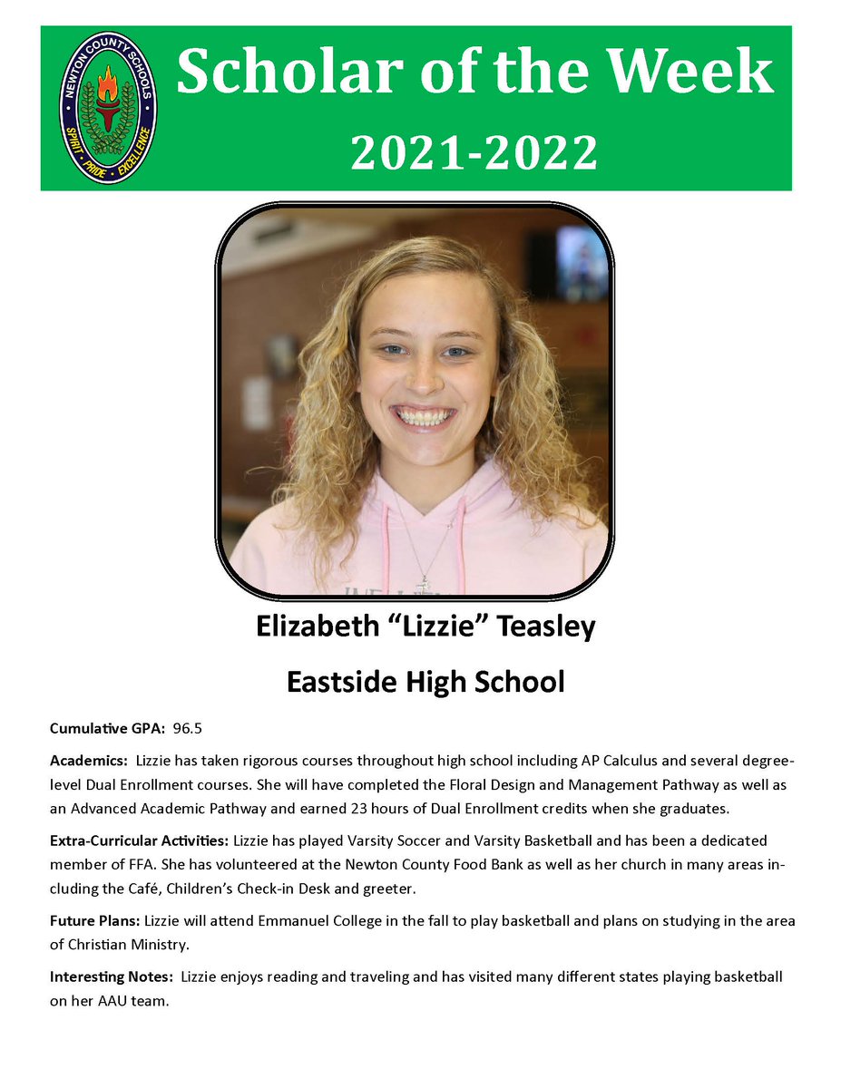 Congratulations to <a href="/EHS_Eagles/">Eastside High School</a> senior--Elizabeth "Lizzie" Teasley--one of this week's NCSS Scholars of the Week! #NCSSBeTheBest