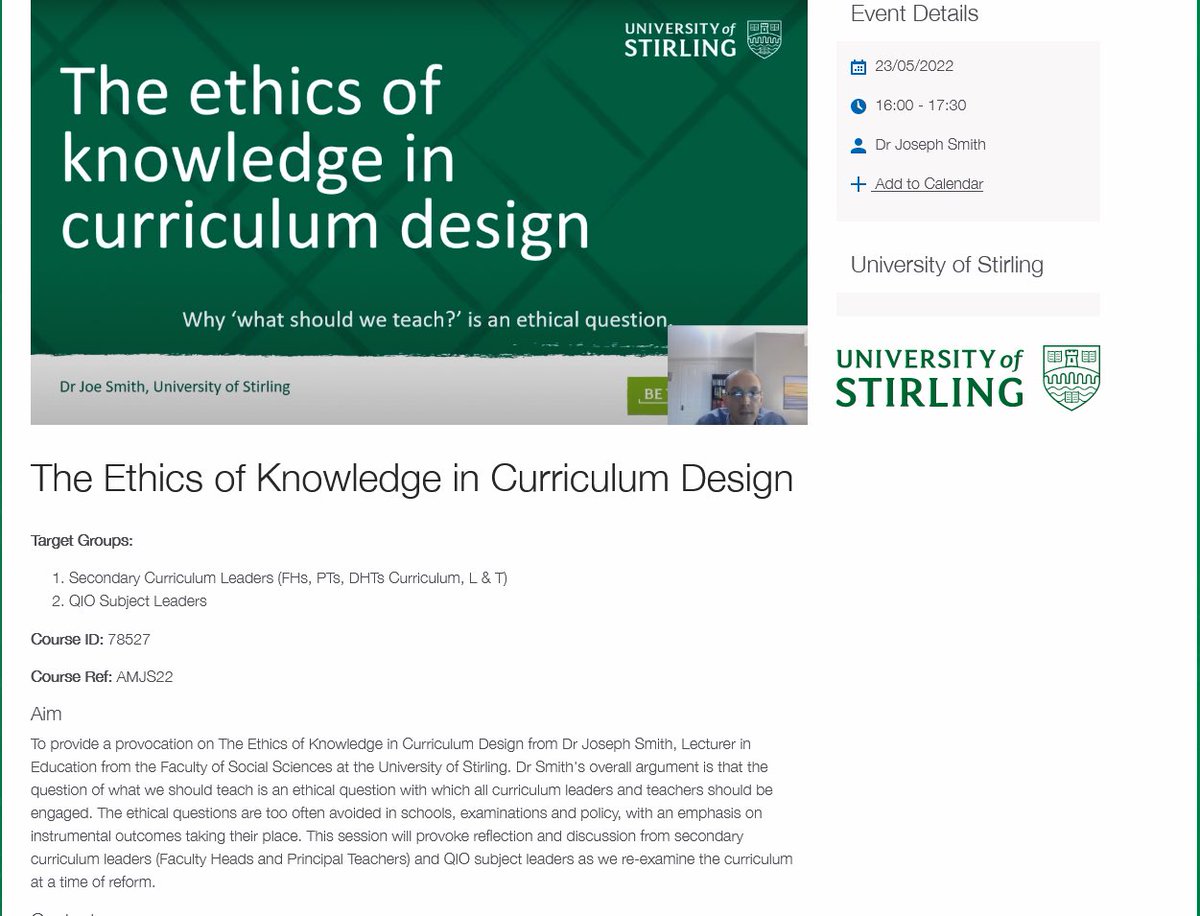 EdISGlasgow's tweet photo. Details of this seminar on 𝑻𝒉𝒆 𝑬𝒕𝒉𝒊𝒄𝒔 𝒐𝒇 𝑲𝒏𝒐𝒘𝒍𝒆𝒅𝒈𝒆 𝒊𝒏 𝑪𝒖𝒓𝒓𝒊𝒄𝒖𝒍𝒖𝒎 𝑫𝒆𝒔𝒊𝒈𝒏 with Dr Joe Smith @StirUni have been emailed to HTs / posted on Go Glasgow.  Booking is open on CPD Manager:

ID: 78527
Ref: AMJS22 

Aimed at QIOs, secondary MLs &amp; SLT. https://t.co/CEhSVFN75G