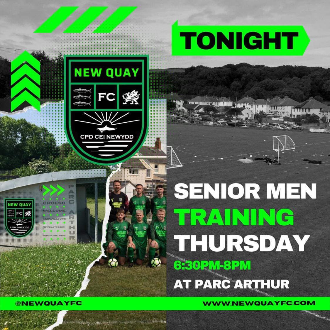 TRAINING TONIGHT

SENIOR MEN
THURSDAYS
6:30PM-8PM
AT PARC ARTHUR

<a href="/NEWQUAYFC/">New Quay FC</a>
NEWQUAYFC.COM

#MACKERELMEN
#MORETHANAFOOTBALLCLUB 

<a href="/SCards_Football/">Ceredigion League</a>