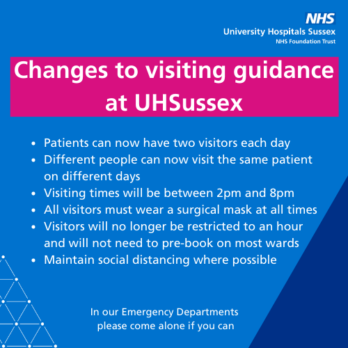 UHSussex's tweet photo. We are continually reviewing arrangements for inpatient visiting in a very careful and COVID-secure way. From 27 April, 2022 there are some changes to our visiting guidance. Please visit our website for full details: https://t.co/04ebV1ICjS https://t.co/k8ps3qk2TW