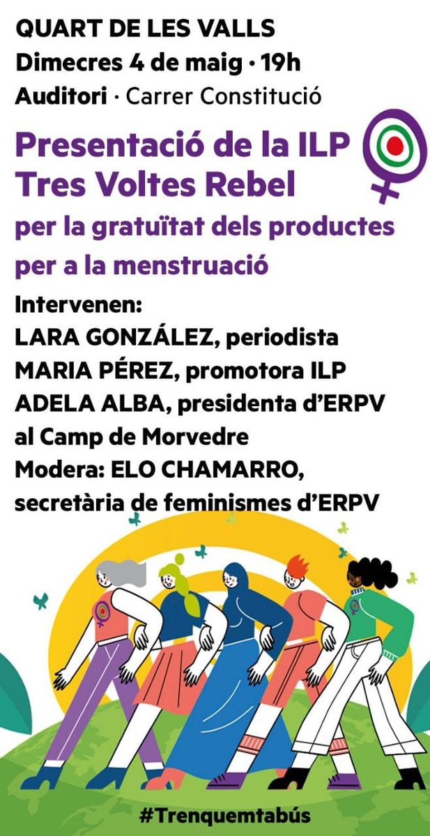 ILP3VoltesRebel's tweet photo. Tornem als carrers del País Valencià per trencar els tabús de la menstruació.

📍Quart de les Valls 
📆 dimecres 4 de maig
⏰️ a les 19h 

Estàs farta de pagar per menstruar⁉️

 Estàs cansada de que la teua menstruació no forme part dels plans de salut⁉️

Vine i parlem-ne‼️ https://t.co/SyRzQFFaSG