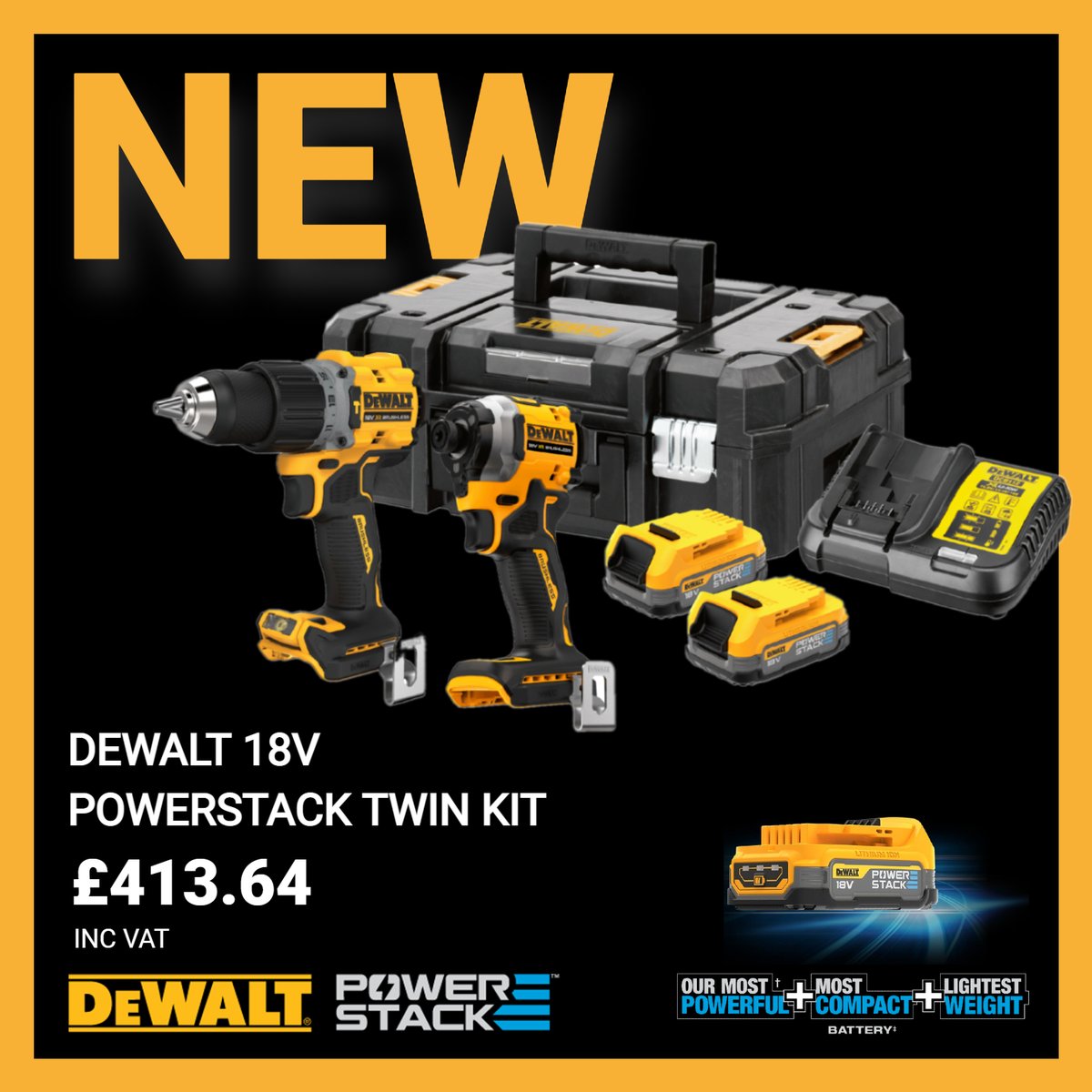 ⚫🟡 NEW POWERSTACK batteries from DEWALT are lighter, more compact and more powerful than ever before. Available here in a combi/impact twin kit including TSTAK II box for only £413.64 inc. VAT 👉 fixingscenter.co.uk/p/dewalt-dck20…