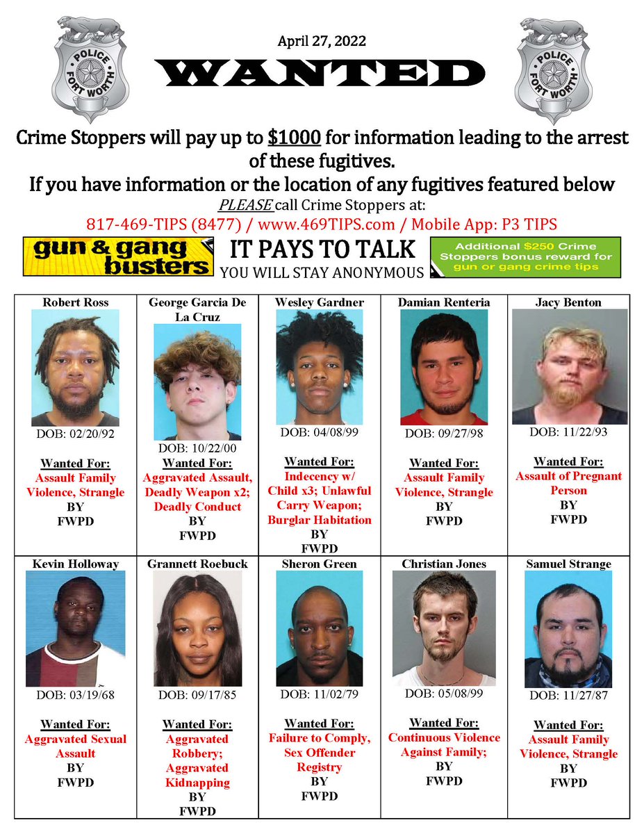 #WANTED 

Please call 817-469-TIPS (8477) if you know the location of these fugitives.

#CrimeStoppers